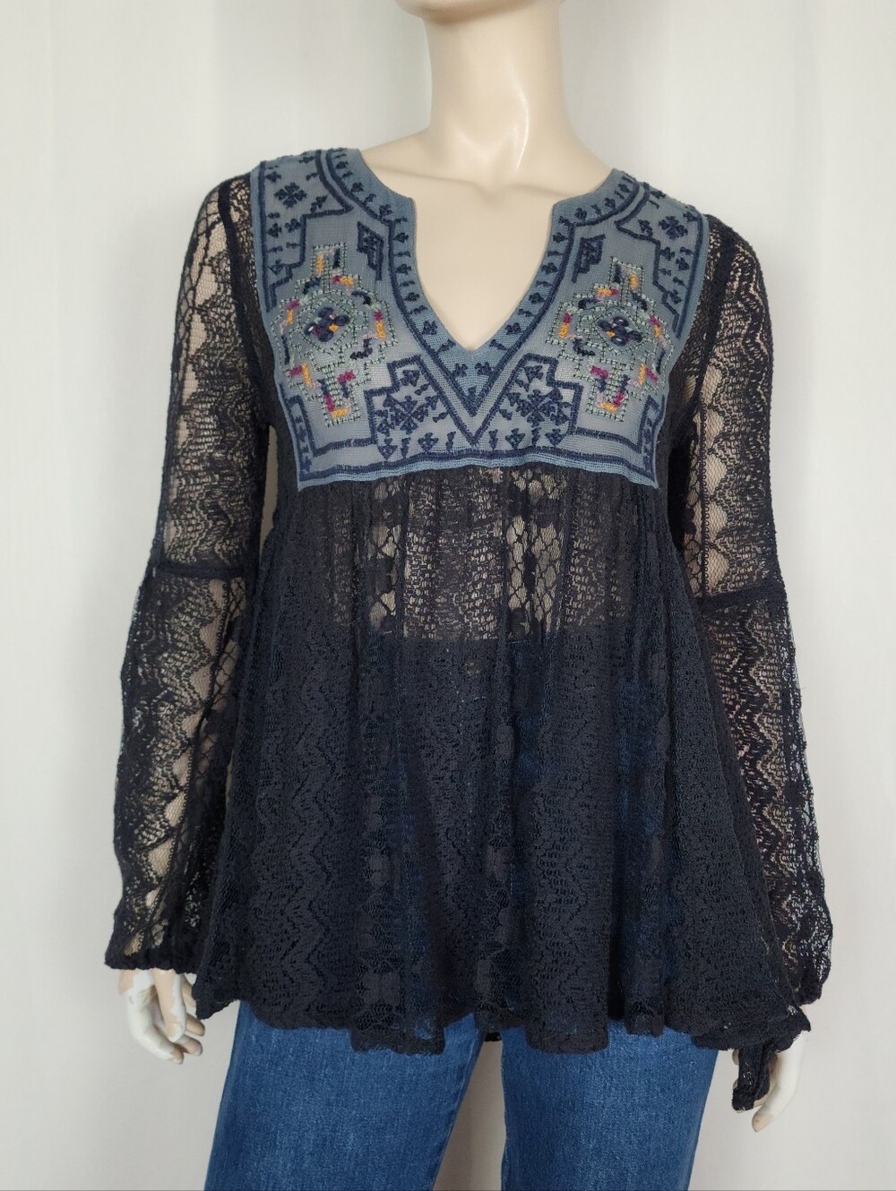 Free People Casablanca Boho Lace Embroidered Babydoll Peplum Top M